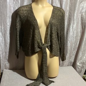 Mix It Woman's Sweater/Cardigan Shrug Brown with Metallic Gold 1X Front  Tie